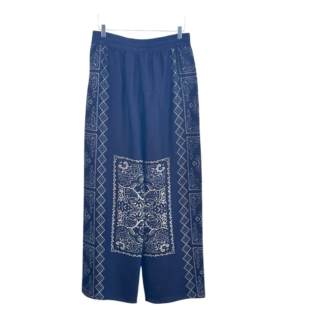 Zara Blue and White Wide Leg Palazzo Pants with Paisley Print Size L NWT